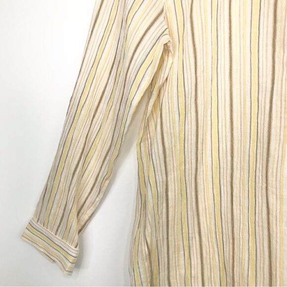 Lucky Brand Cream Brown Pinstripe Cotton Half Button Roll Sleeve Tunic Blouse - Picture 8 of 14